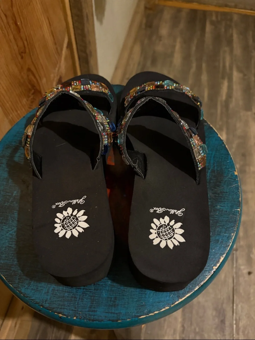 Yellow Box Black Jeweled Double-Strap Slide Sandals - Picture 3 of 8